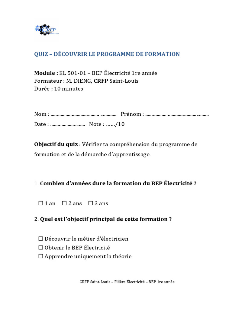 Quiz BEP Électricité 1re année CRFP Saint-Louis | PDF