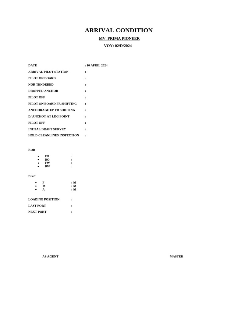MV Prima Pioneer Arrival Report | PDF