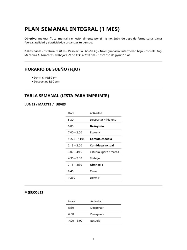 Plan Semanal Integral – Bienestar, Estudio Y Entrenamiento (1) | PDF ...