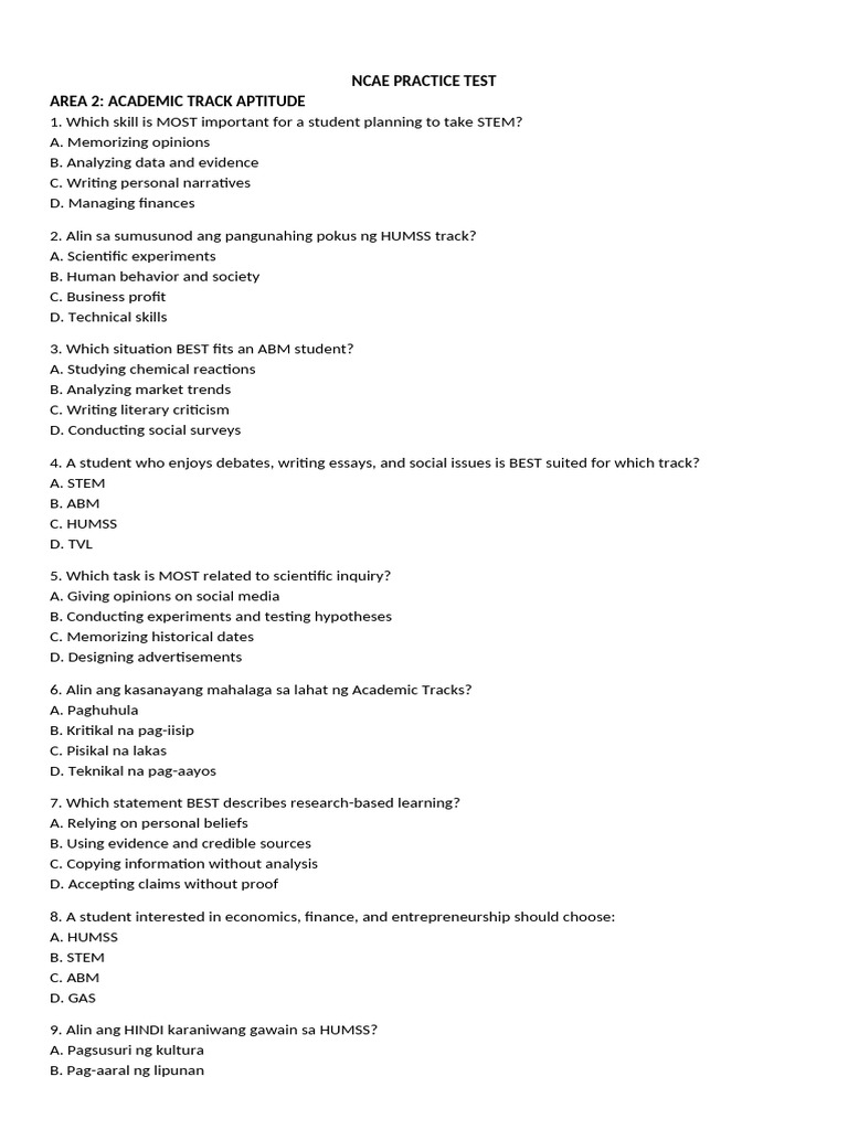 NCAE Academic Track Practice Test | PDF | Critical Thinking | Cognitive ...