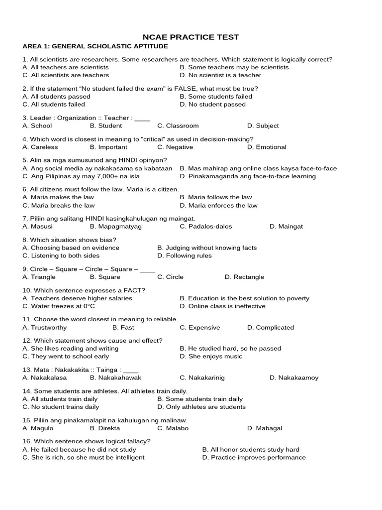 NCAE Practice Test: Scholastic Aptitude | PDF | Opinion | Decision Making