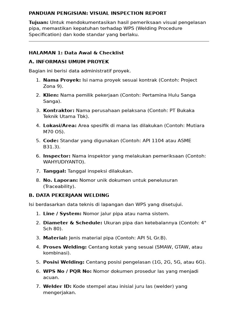 Panduan Laporan Inspeksi Visual Las | PDF