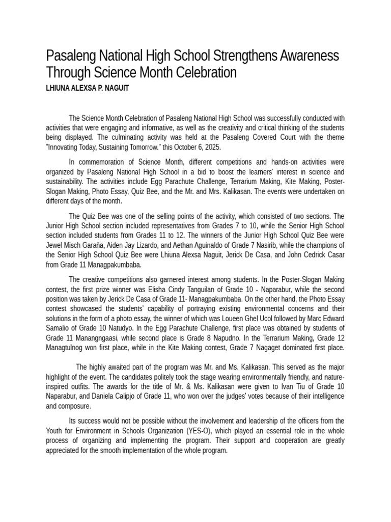 Pnhs Rejoices Science Month | PDF | Science | Cognition