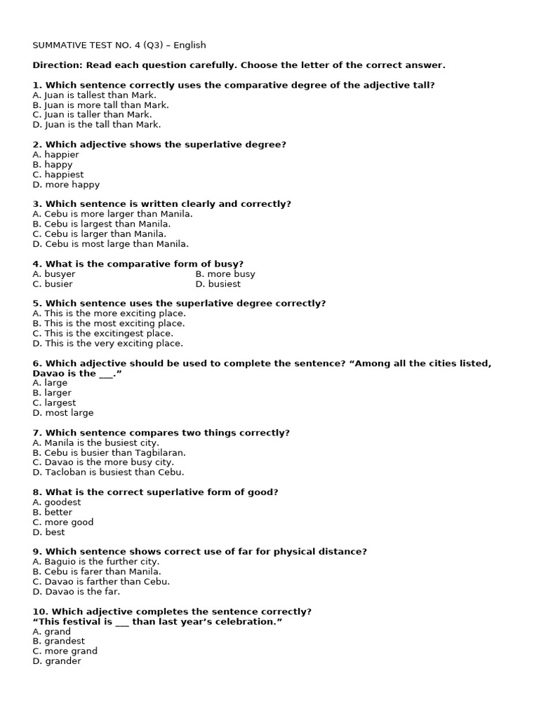 English Comparative and Superlative Test | PDF | Adjective | Linguistic ...