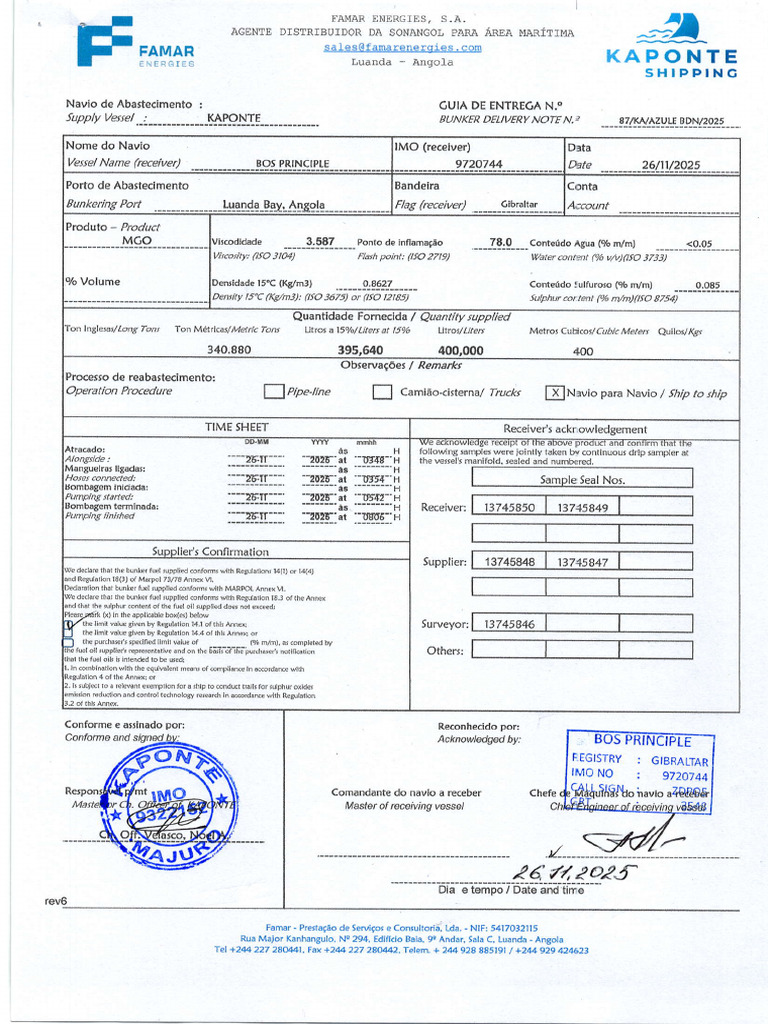 Bunker Delivery Note for BOS Principle | PDF
