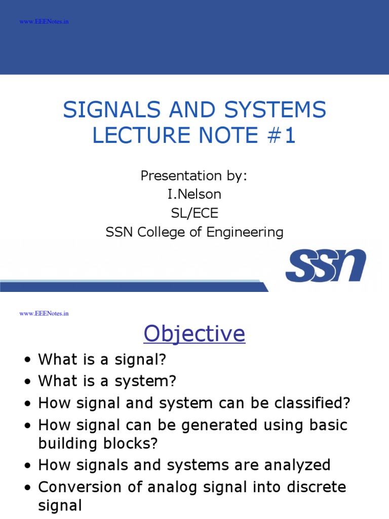 Signals and Systems Lecture Note 1 Presentation By I.Nelson Sl/Ece