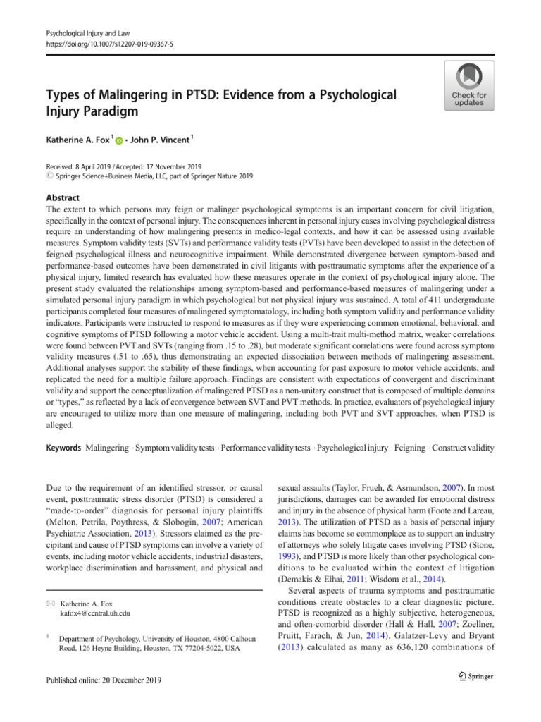 Malingering in PTSD: Assessment Methods | PDF | Psychological Trauma ...