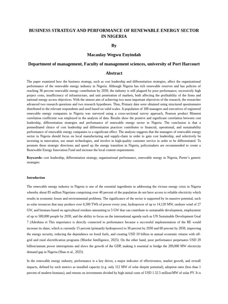 Business Strategy and Performance of Renewable Energy Sector in Nigeria ...