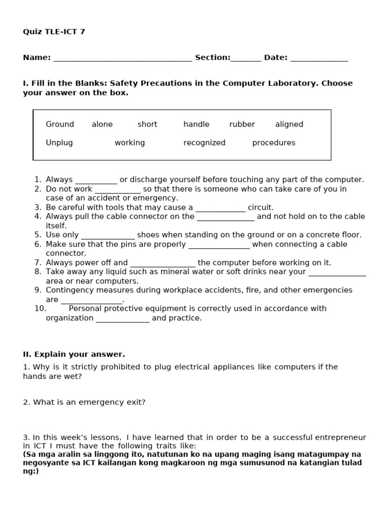 Computer Lab Safety Quiz for ICT 7 | PDF