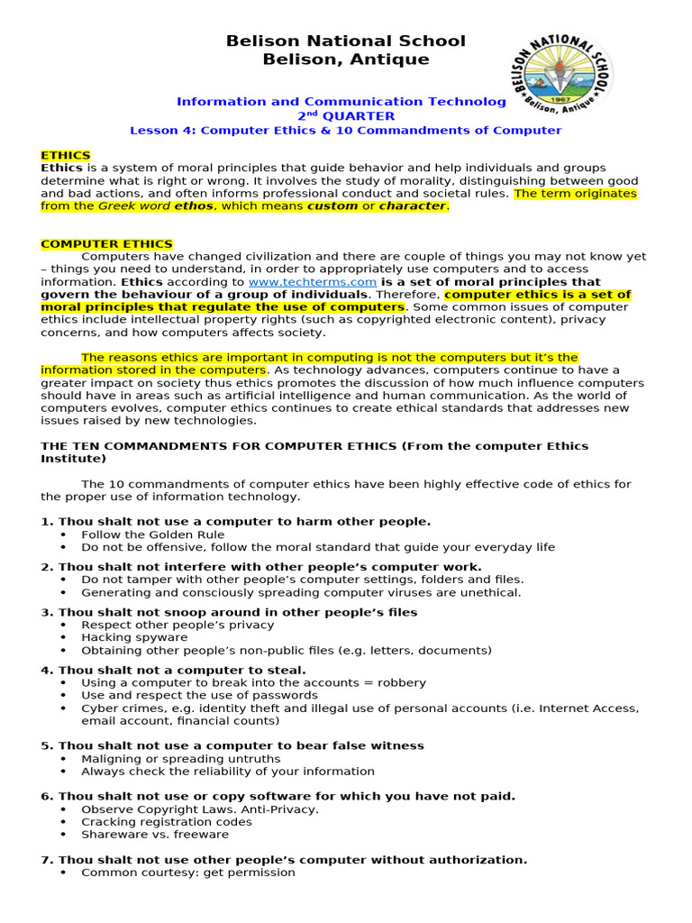 Computer Ethics: 10 Commandments Guide | PDF | Morality | Ten Commandments