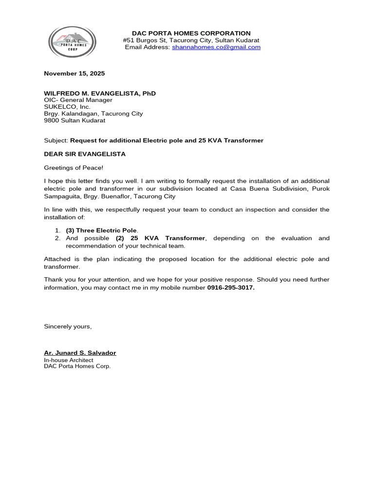 Letter Request for Additional Electric Post and 25kva Transformer Nov14 ...