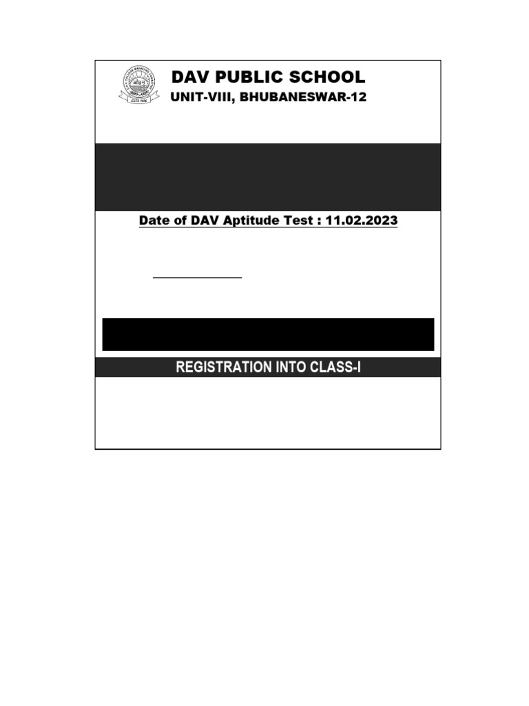 Advertisement for Class XI DAV Aptitude Test Registration Into Class I ...