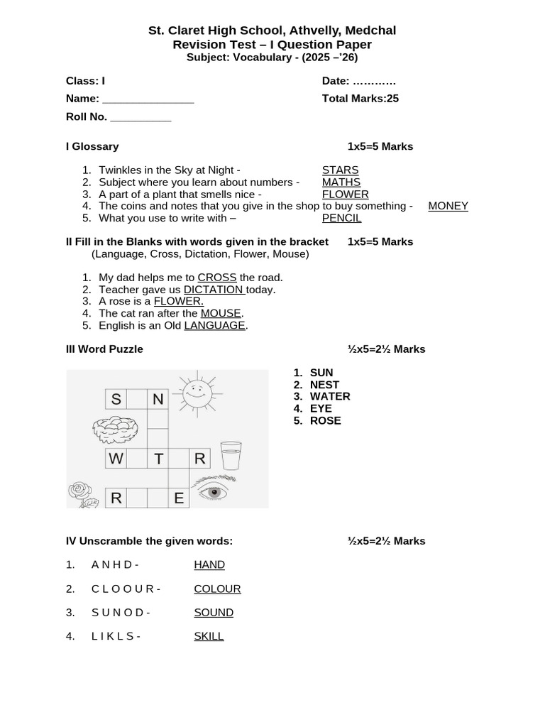 Rev Test I_Class I_VOC_Key Paper | PDF