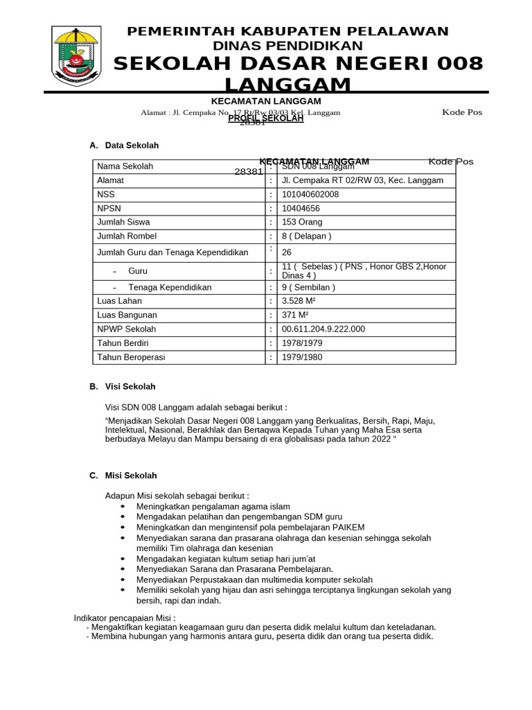 Profil SDN 008 Langgam: Data dan Visi | PDF