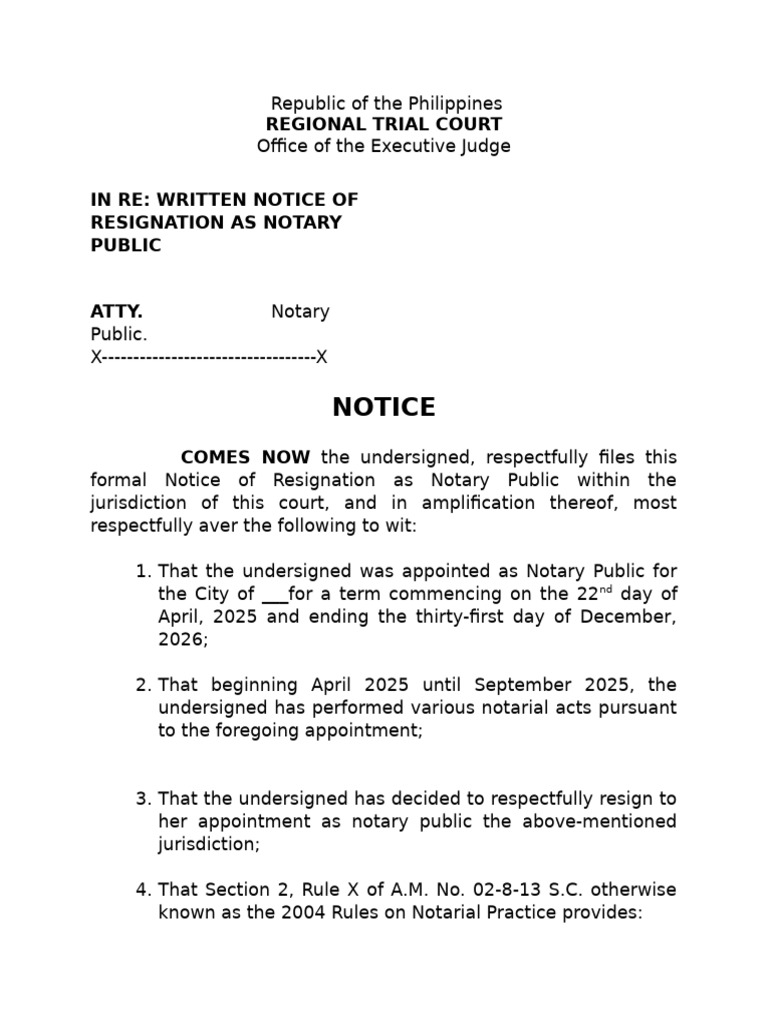 Notice of Resignation as Notary Public | PDF | Notary Public | Legal ...