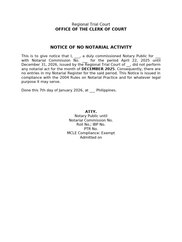 Notice of No Notarial Activity - December 2025 | PDF