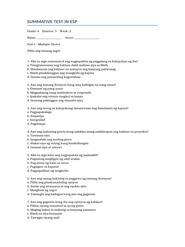 Summ - Test Esp 6 q3 w2 | PDF