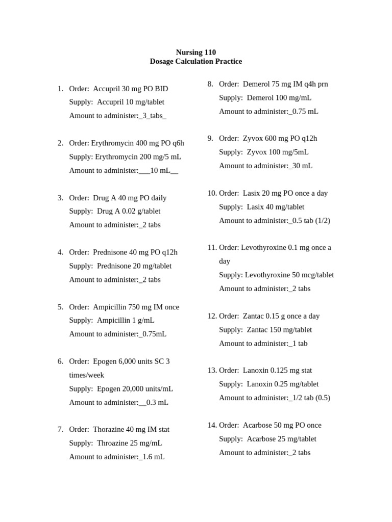 Nursing Dosage Calculation Practice | PDF | Drugs | Pharmacology