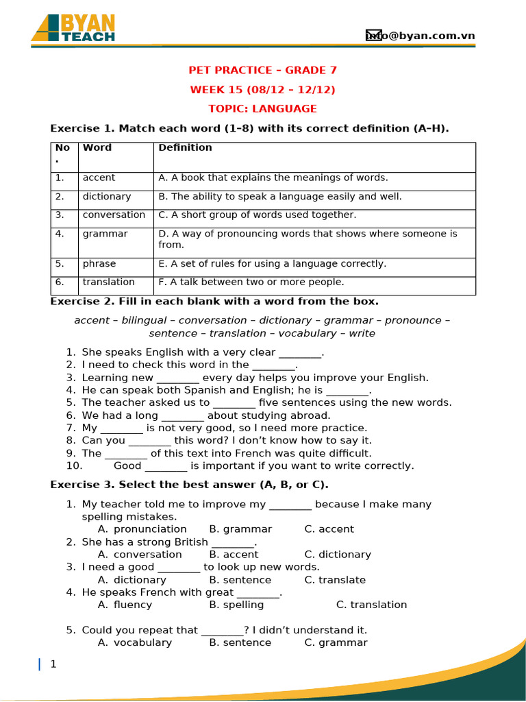 Language Exercises for Grade 7 Students | PDF | English Language ...