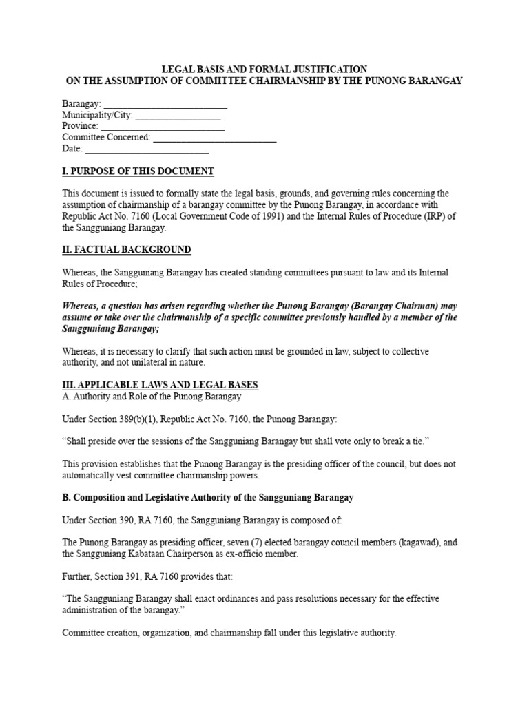Legal Justification for Punong Barangay's Chairmanship | PDF ...