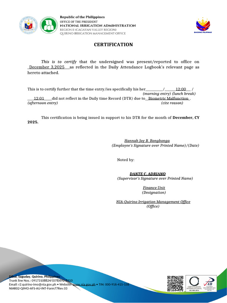 Attendance Certification for December 2025 | PDF