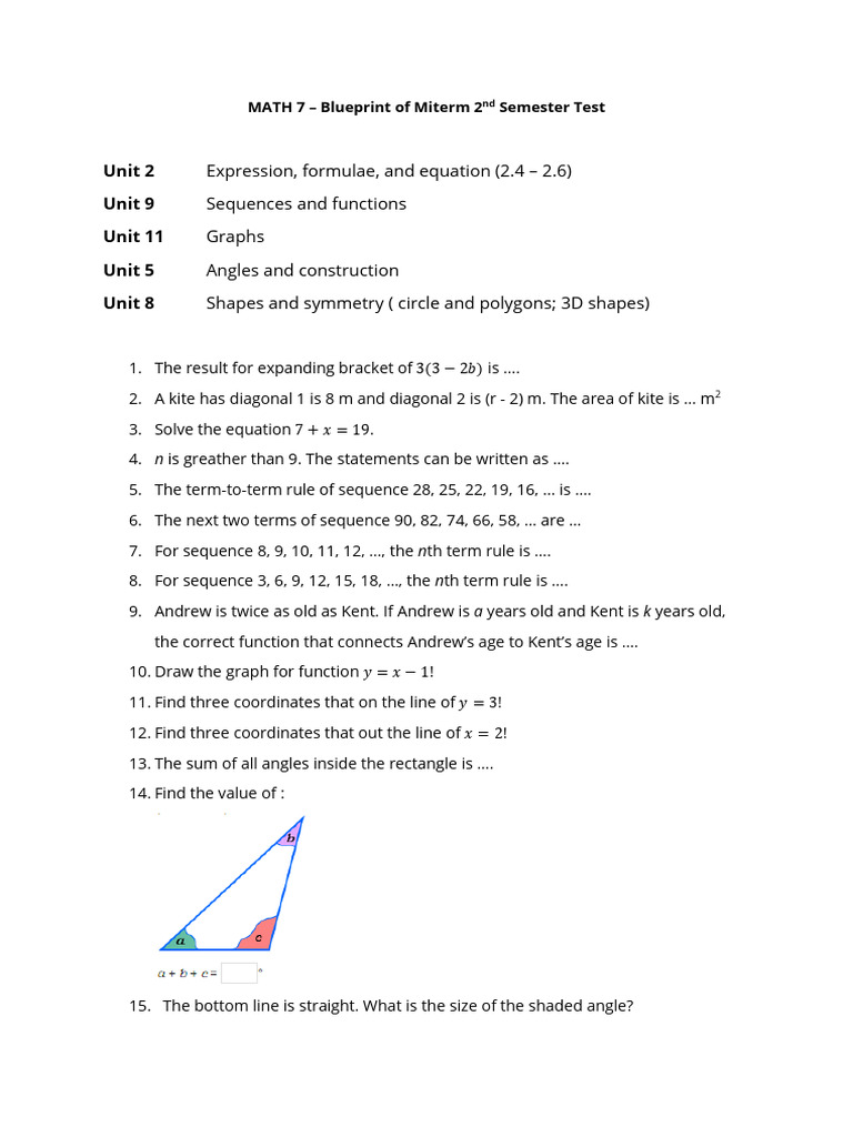 MATH 7 Midterm Test Blueprint | PDF
