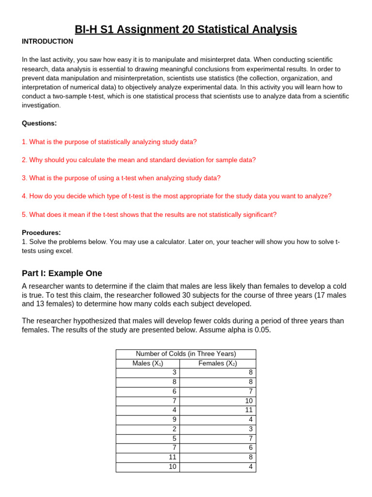 BI-H S1 Assignment 20 Statistical Analysis | PDF | Student's T Test ...