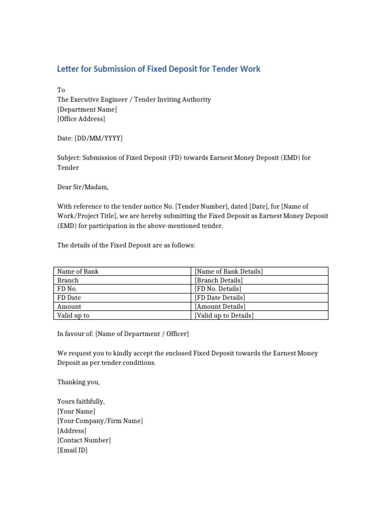 Fixed Deposit Submission for Tender EMD | PDF