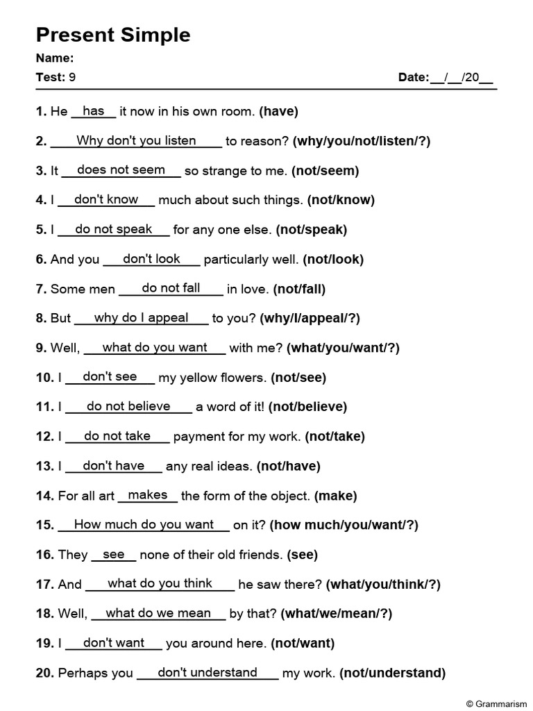 Grammarism Present Simple Test 9 Solved 14414020 | PDF