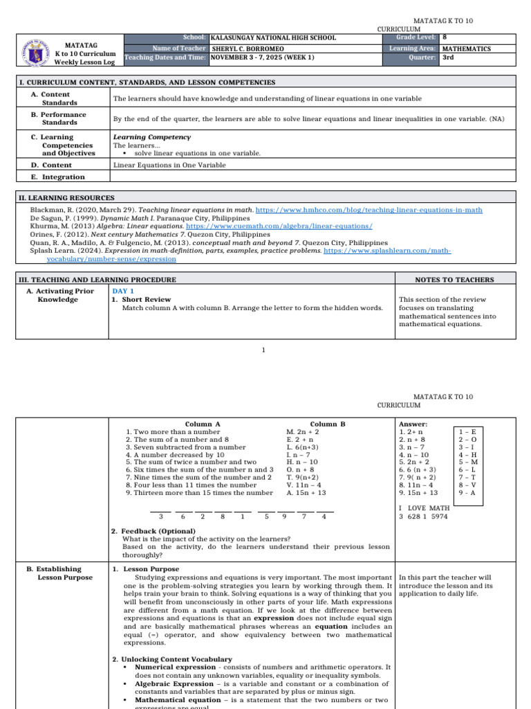 K to 10 Math Curriculum: Linear Equations | PDF | Equations | Variable ...
