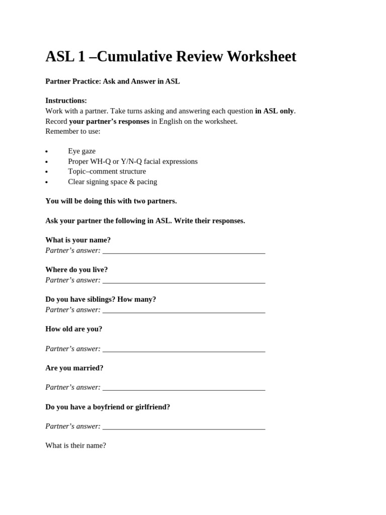 ASL Partner Practice Worksheet | PDF | American Sign Language | Human ...