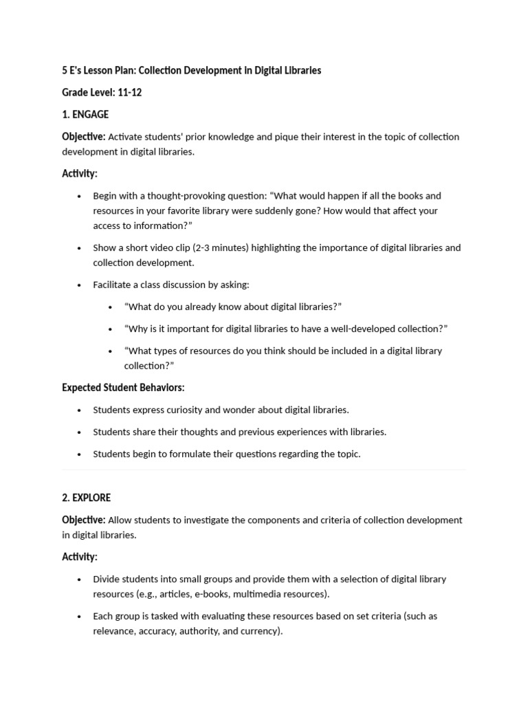 5 E's Lesson Plan: Digital Library Development | PDF | Educational ...