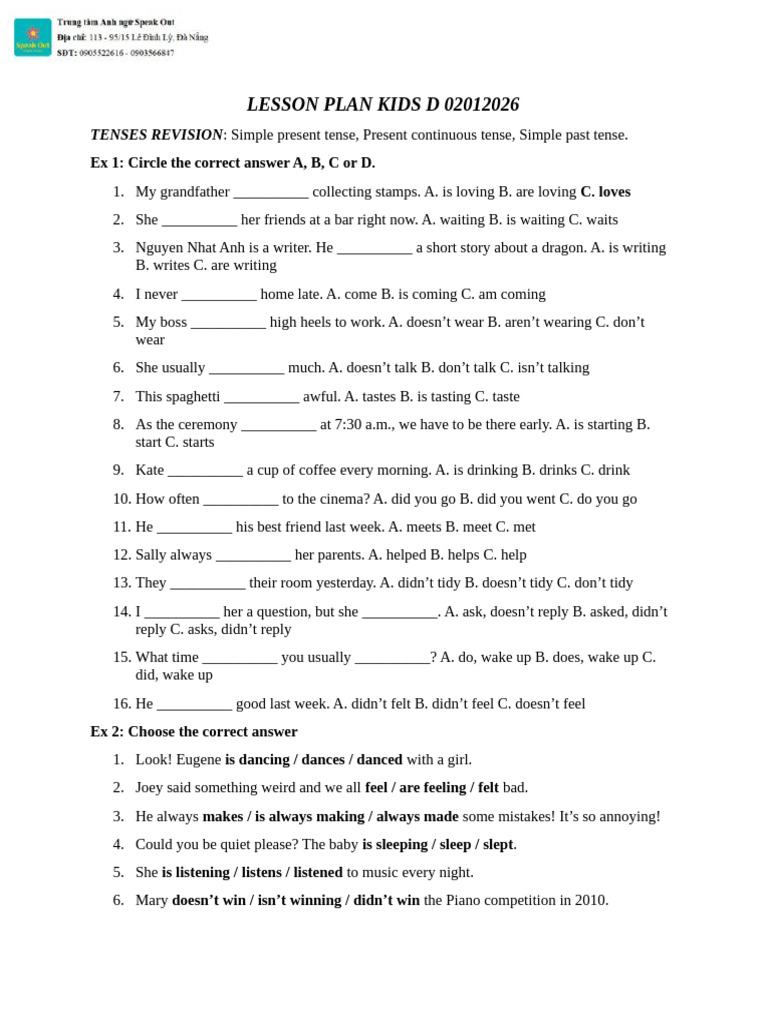 Tenses Revision Lesson Plan for Kids | PDF