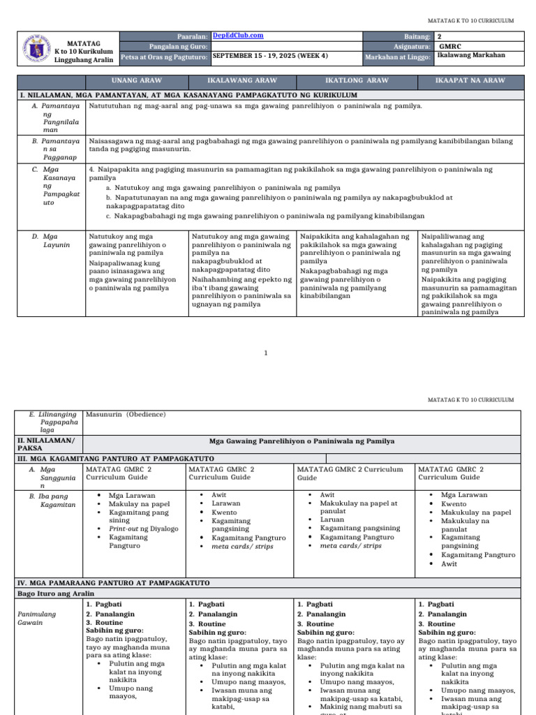 Dll Matatag Gmrc 2 q2 w4 | PDF
