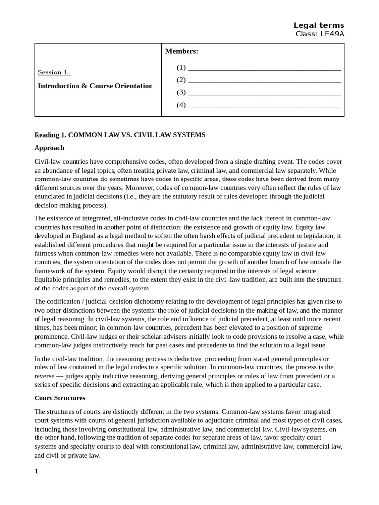 Session 1 | PDF | Equity (Law) | Civil Law (Legal System)