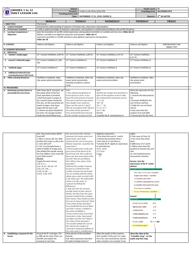 Dll Mathematics 6 q3 w3 | PDF | Numbers | Equations