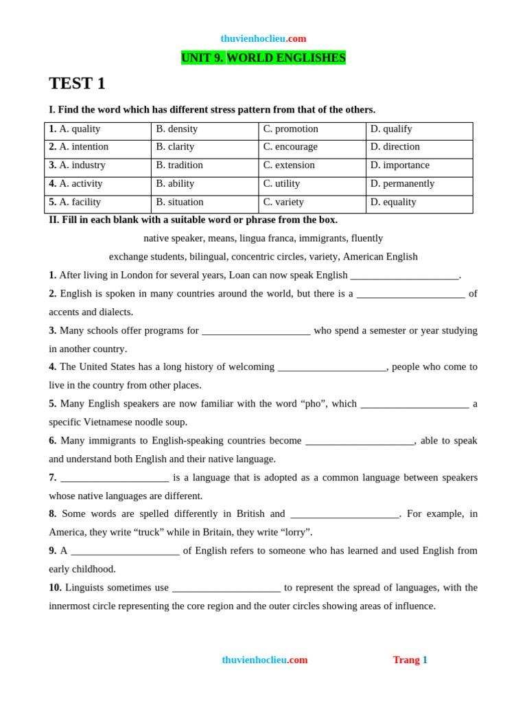 World Englishes Test and Exercises | PDF | English Language ...