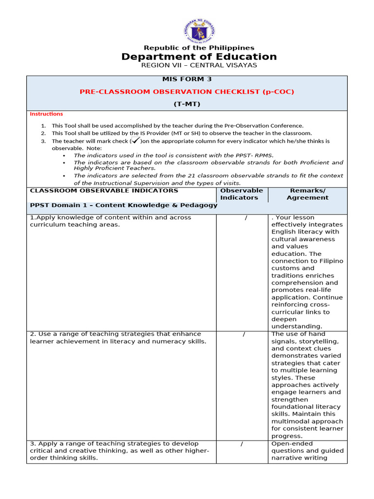 Pre-Classroom Observation Checklist | PDF | Learning | Curriculum