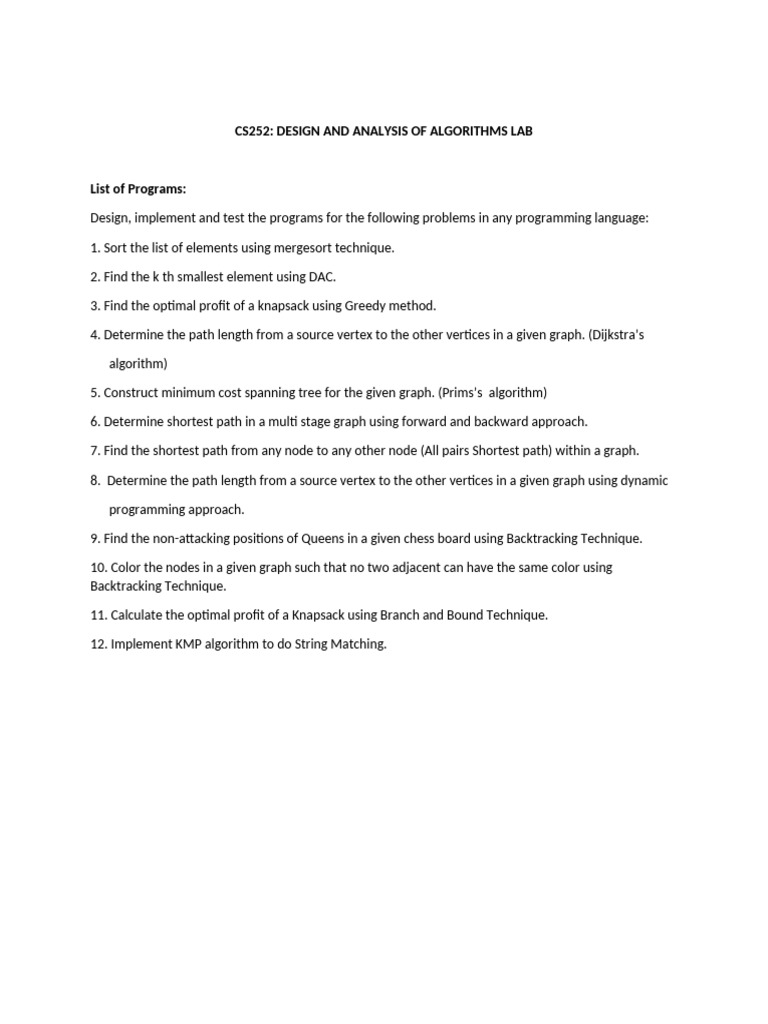 Algorithms Lab: Programming Exercises | PDF