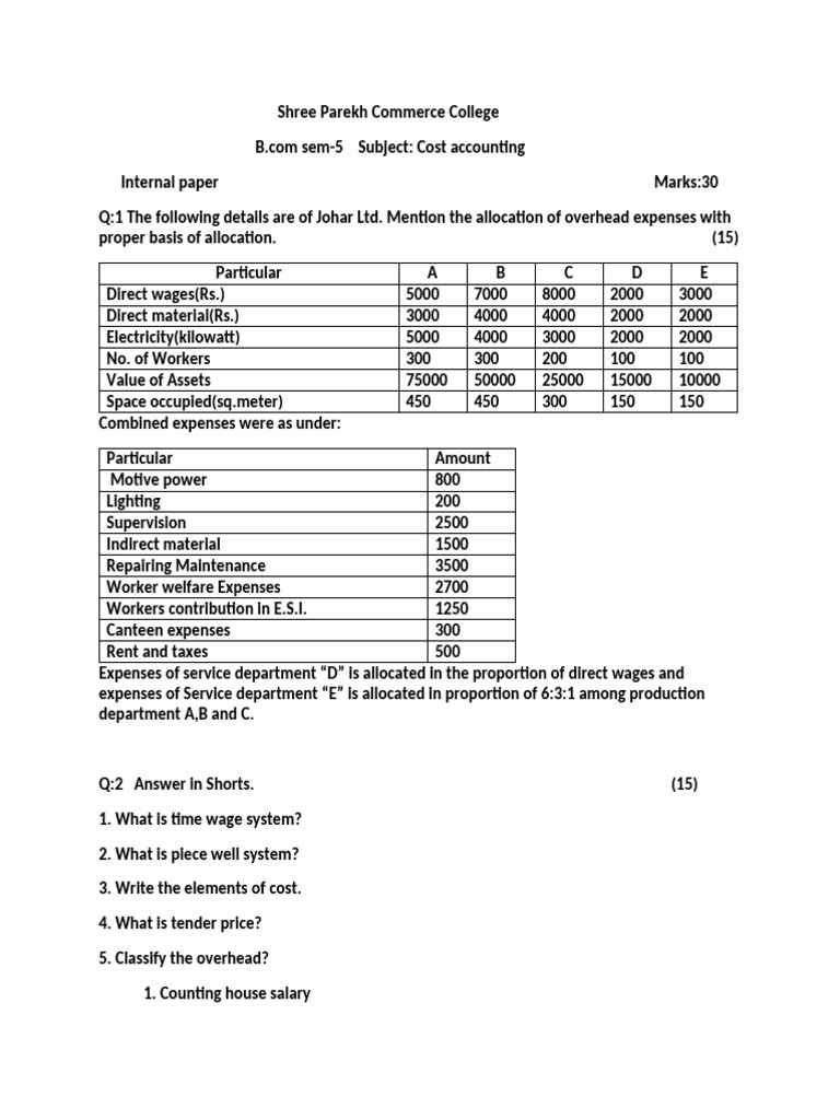 Cost Accounting Internal Paper for B.Com | PDF | Expense | Business ...