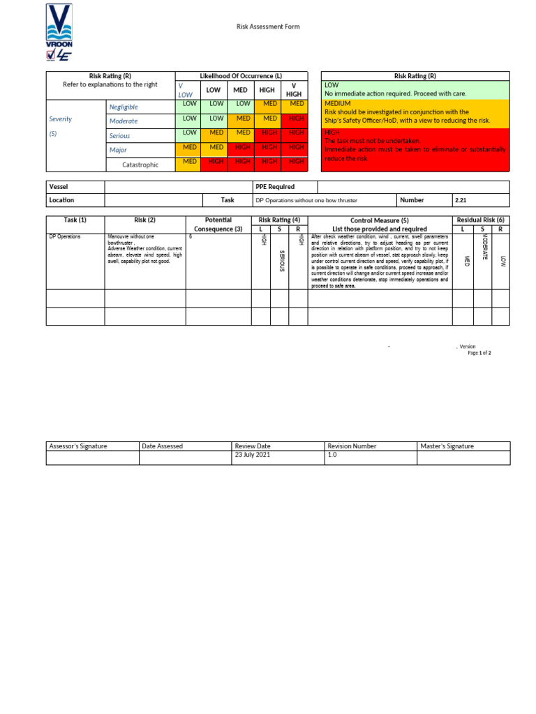 VOS - Risk Assessment - 2.21 - DP Operation Bow Thruster Failure | PDF ...