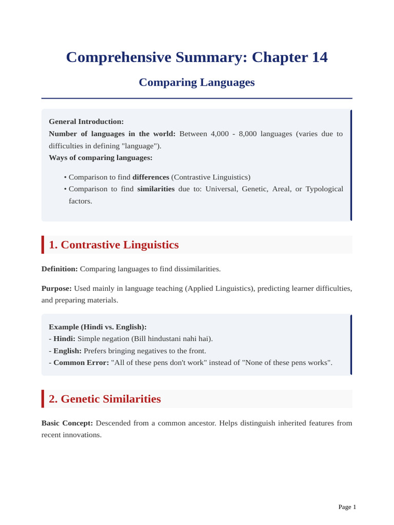 Comprehensive Summary: Chapter 14 Comparing Languages | PDF | English ...