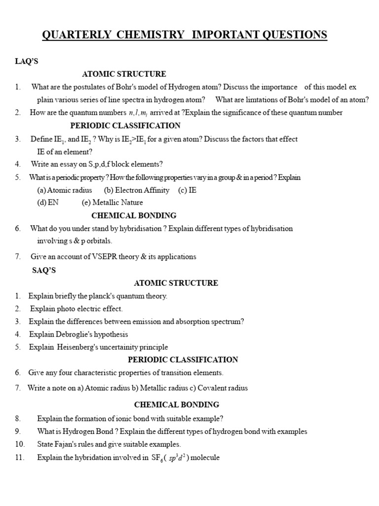 Quarterly Chemistry Exam Questions | PDF | Chemical Bond | Molecules
