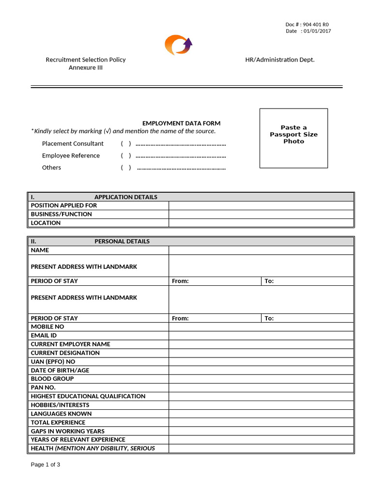 Capacit'e - Employment Data Form | PDF | Business
