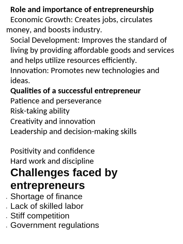 Role and Importance of Entrepreneurship | PDF