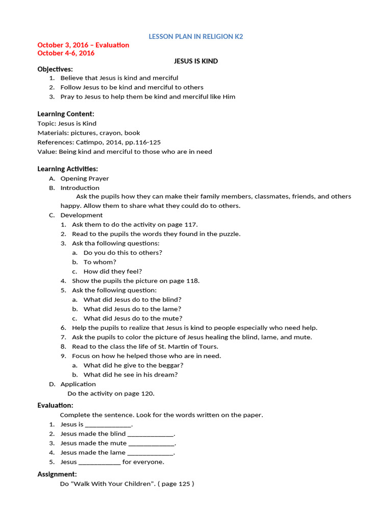 K2 Lesson Plan: Jesus is Kind | PDF