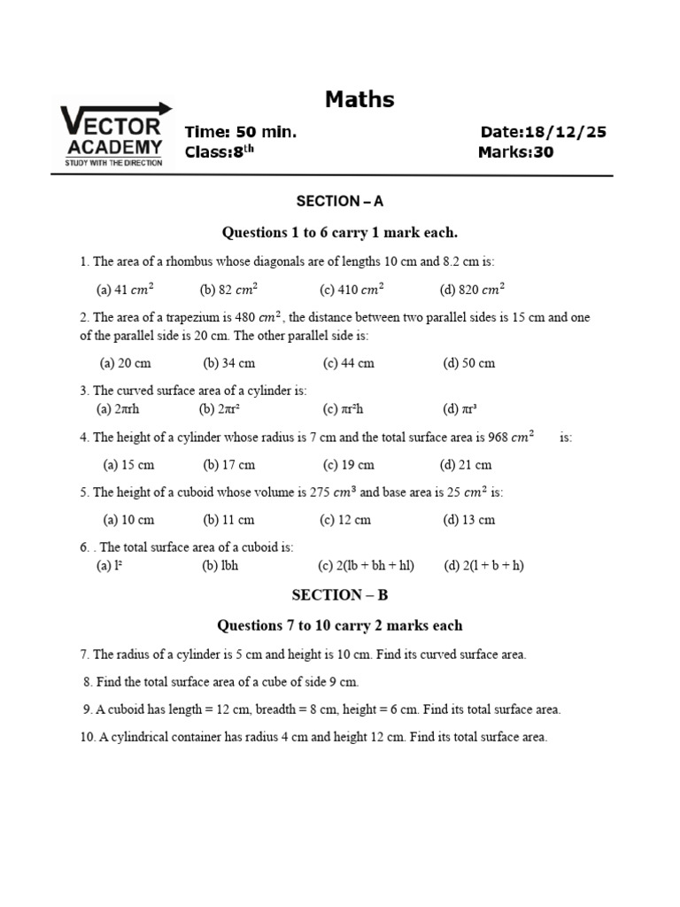 Maths 8th 18 Dec. | PDF | Area