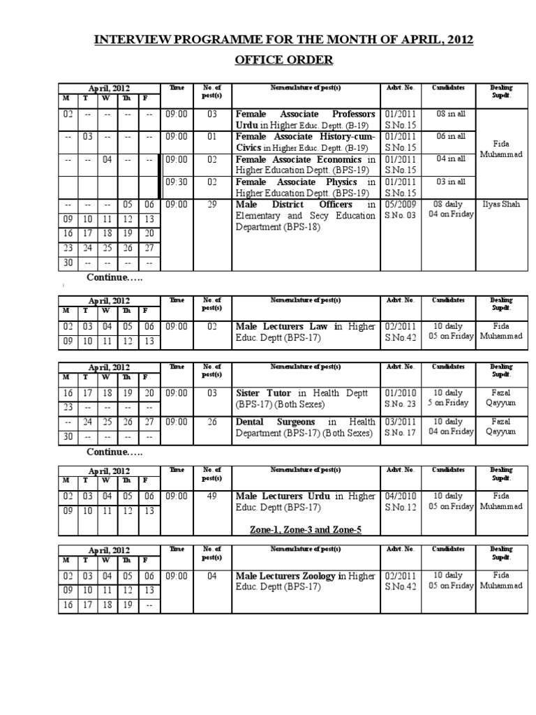 Interview Programme For The Month of April, 2012 | PDF