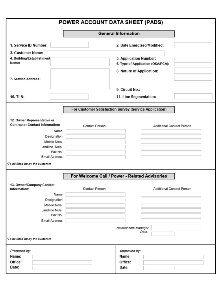 Power Account Data Sheet Template | PDF