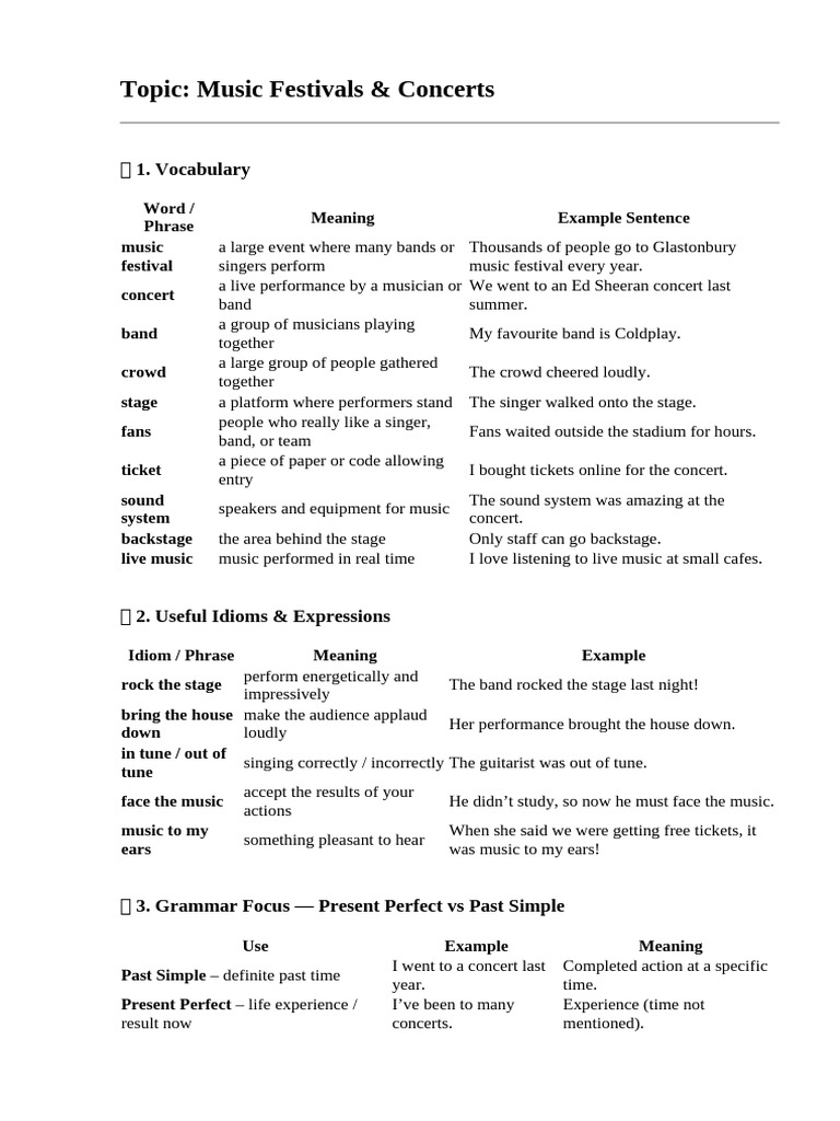 Music Festivals and Concerts Vocabulary Guide | PDF | Concert